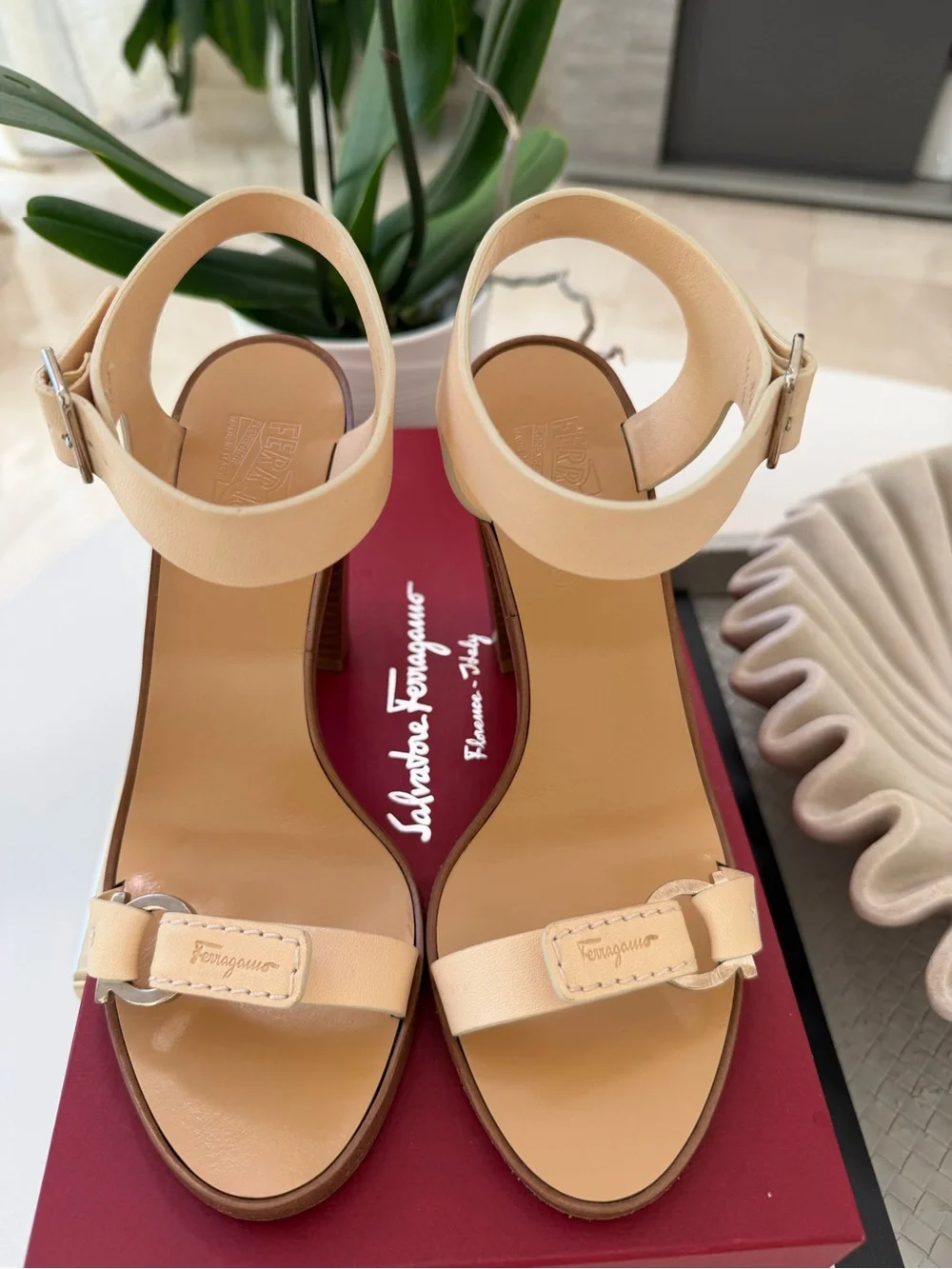 Salvatore Ferragamo Palba Butter Calf Leather Block Heel Sandals